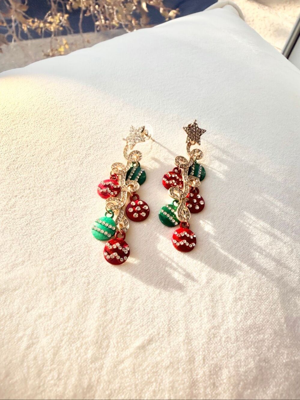 Christmas Ornament Rhinestone Charm Dangle Earrings Red Green Gold